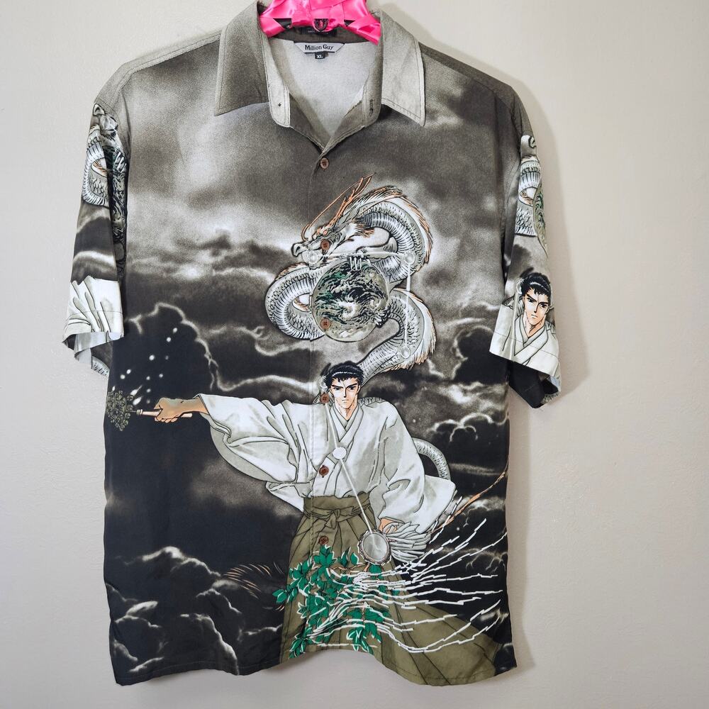 Vintage Y2K MillionGuy Anime Samurai Dragon Graphic ButtonUp Shirt Men XL Street